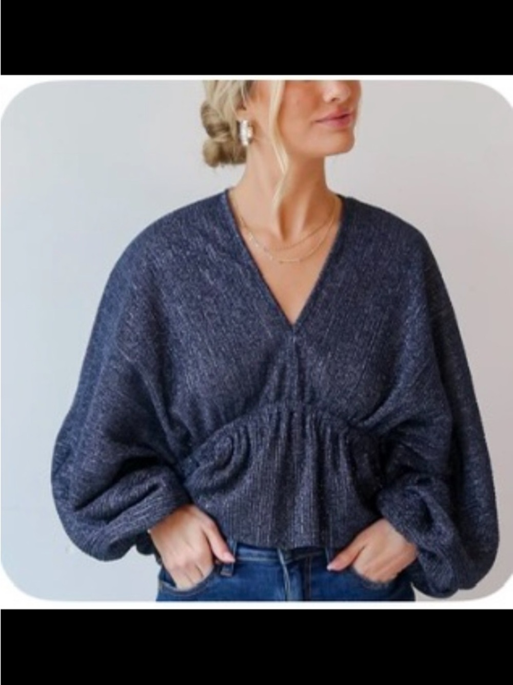 Navy Sparkle Preppy Coquette V-Neck Gathered-Waist Women's Blouse